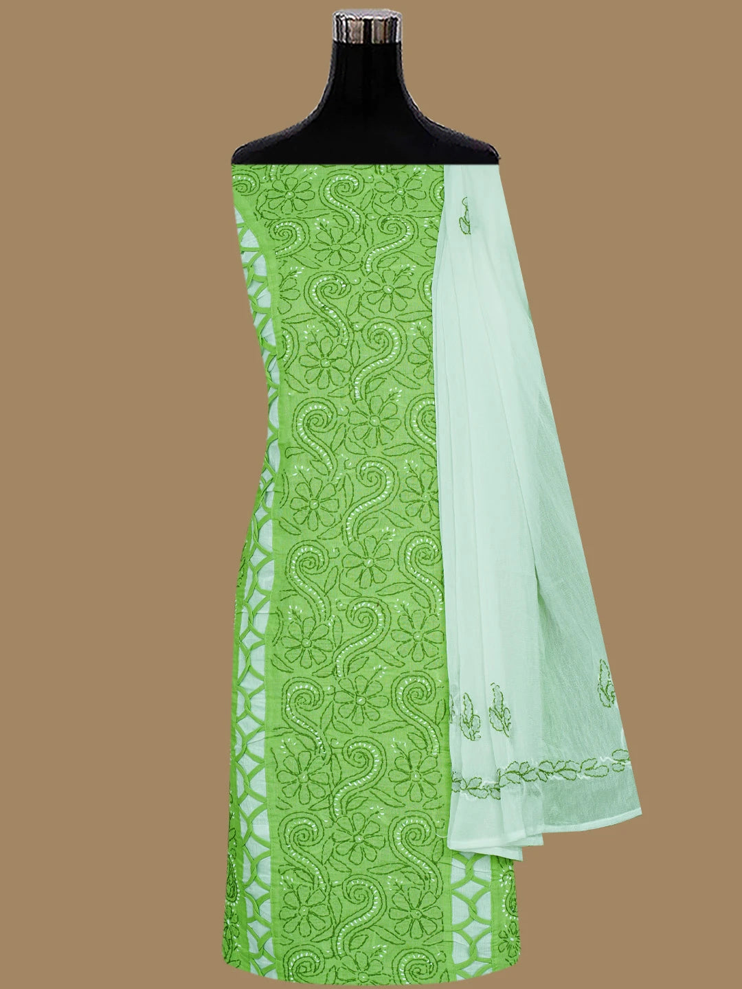 Ada Hand Embroidered Green Cotton Lucknowi Chikankari Unstitched Suit Piece 01A852999