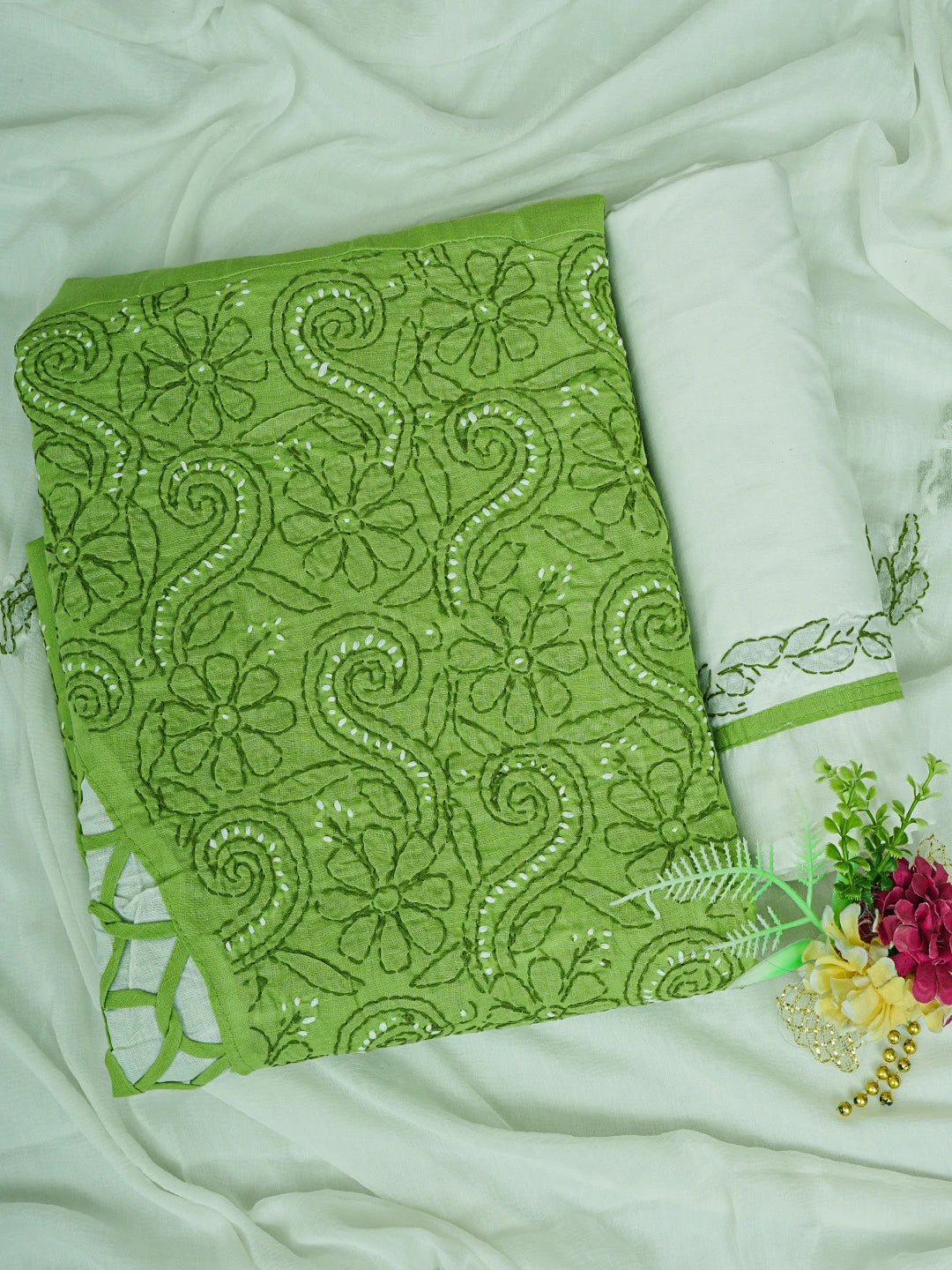 Ada Hand Embroidered Green Cotton Lucknowi Chikankari Unstitched Suit Piece 01A852999