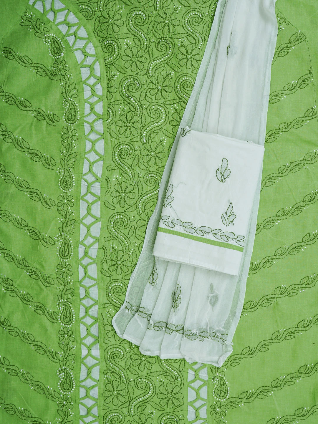 Ada Hand Embroidered Green Cotton Lucknowi Chikankari Unstitched Suit Piece 01A852999