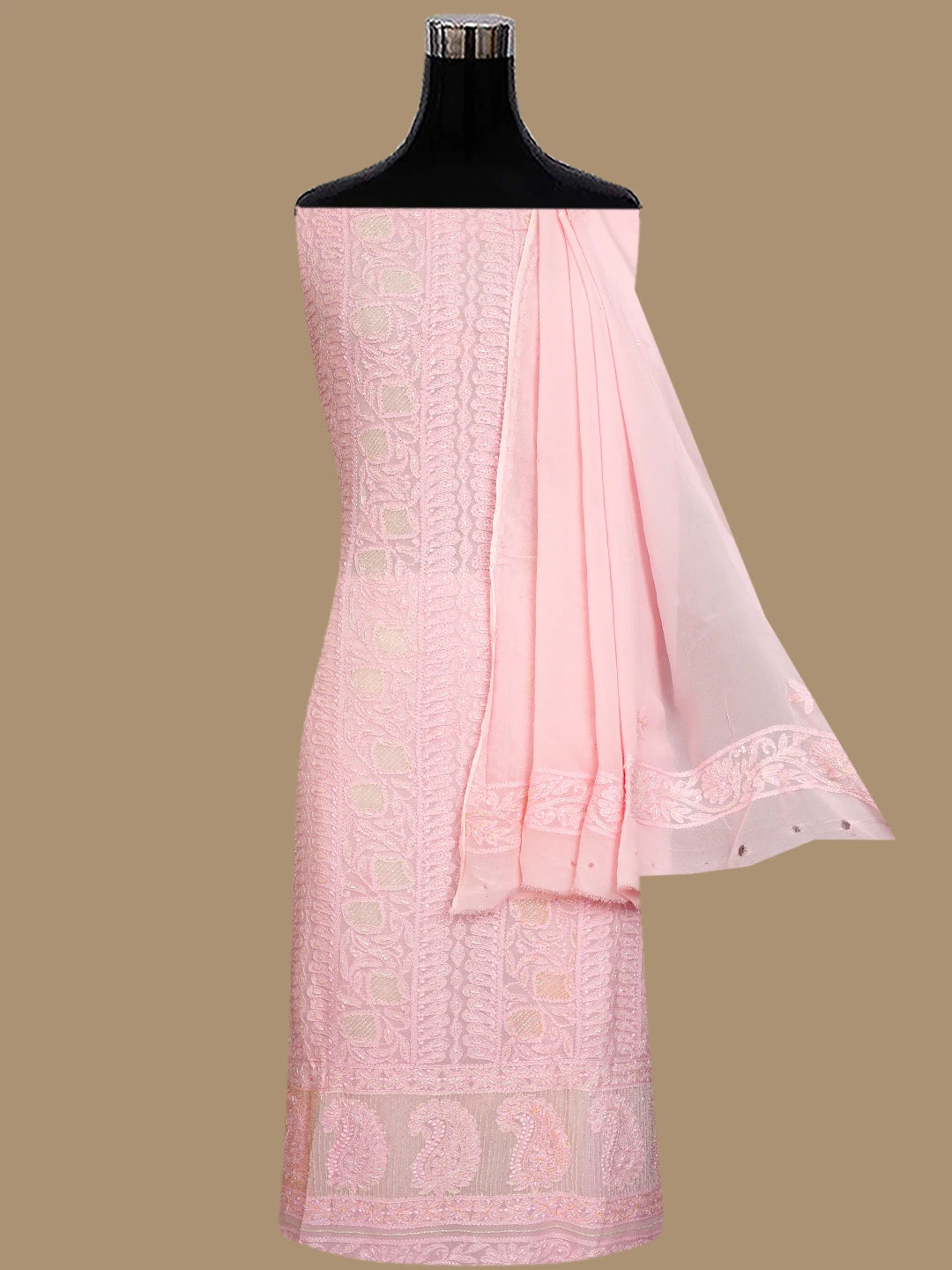Ada Hand Embroidered Pink Viscose Georgette Lucknowi Chikankari Unstitched Kurta Dupatta Set With Cutdana Work 01A815298