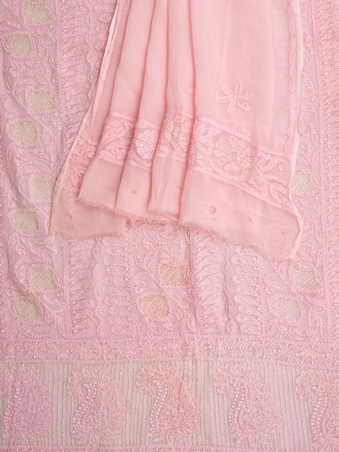 Ada Hand Embroidered Pink Viscose Georgette Lucknowi Chikankari Unstitched Kurta Dupatta Set With Cutdana Work 01A815298