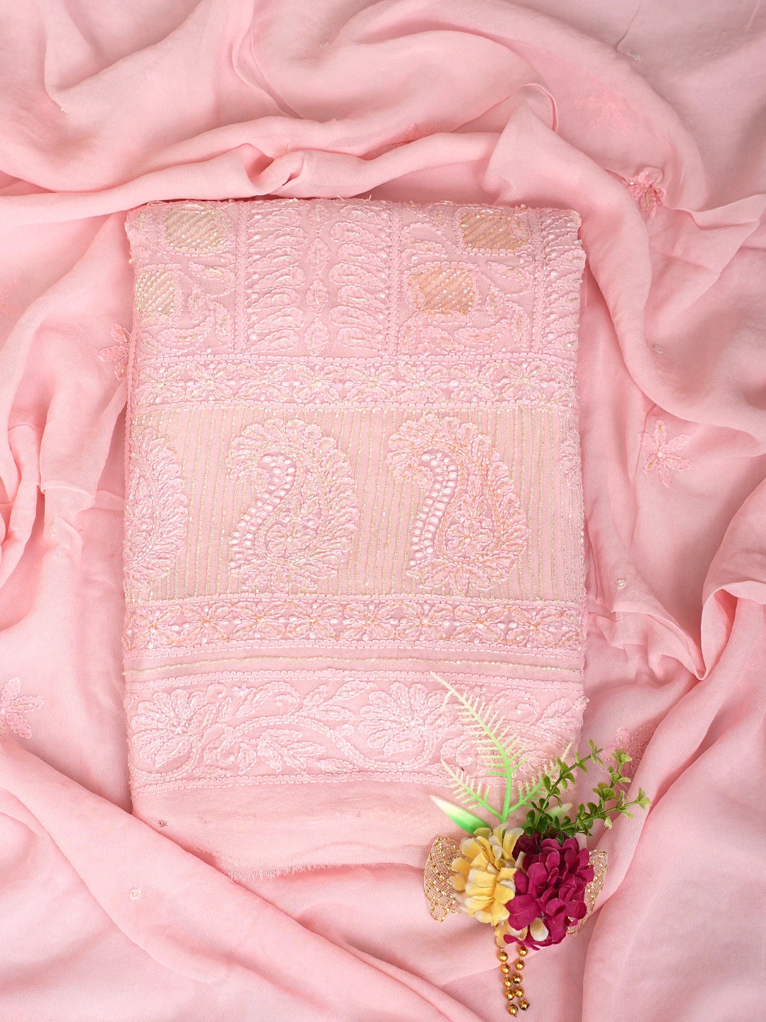 Ada Hand Embroidered Pink Viscose Georgette Lucknowi Chikankari Unstitched Kurta Dupatta Set With Cutdana Work 01A815298