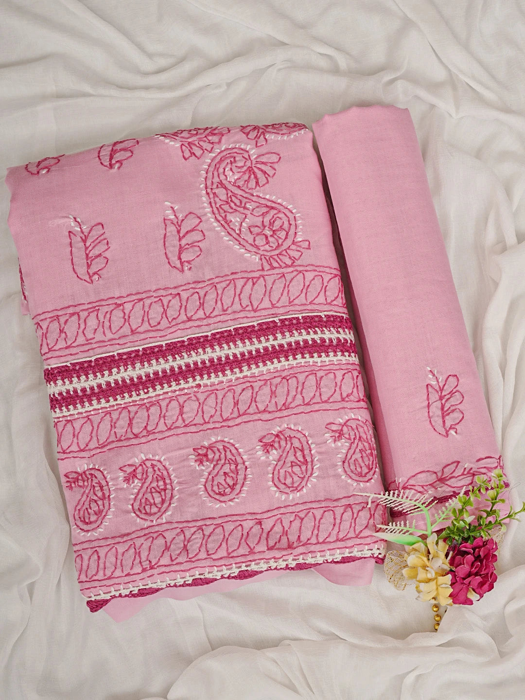 Ada Hand Embroidered Pink Cotton Lucknowi Chikankari Unstitched Suit Piece 01A853030