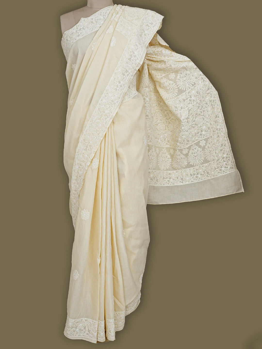Ada Hand Embroidered Fawn Cotton Lucknowi Chikankari Saree and Blouse 01A777268
