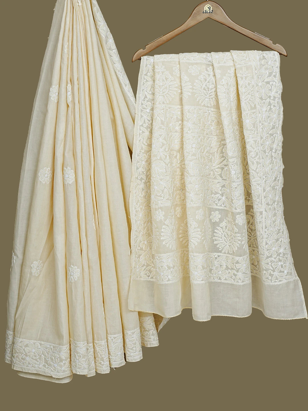 Ada Hand Embroidered Fawn Cotton Lucknowi Chikankari Saree and Blouse 01A777268