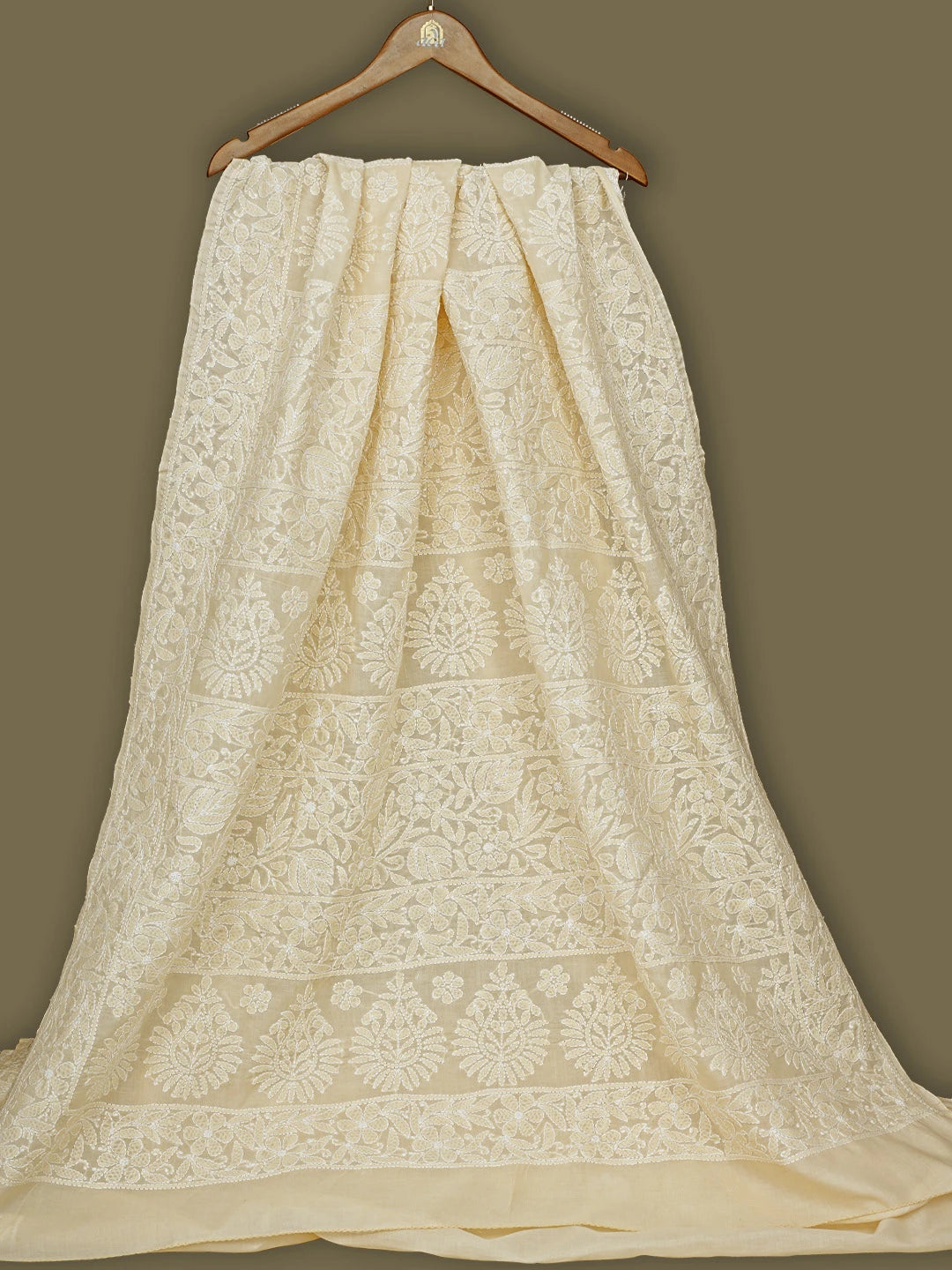 Ada Hand Embroidered Fawn Cotton Lucknowi Chikankari Saree and Blouse 01A777268