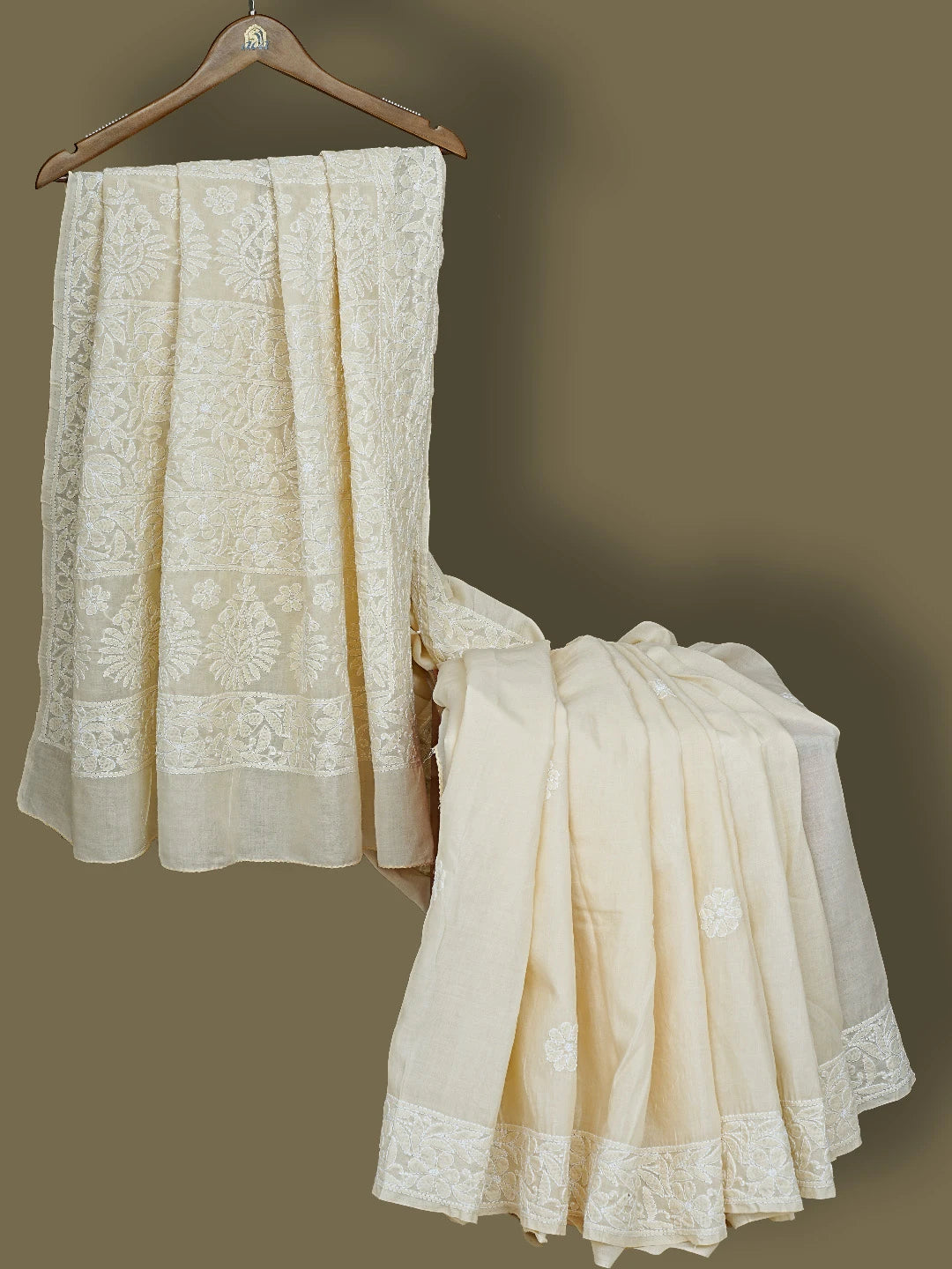 Ada Hand Embroidered Fawn Cotton Lucknowi Chikankari Saree and Blouse 01A777268