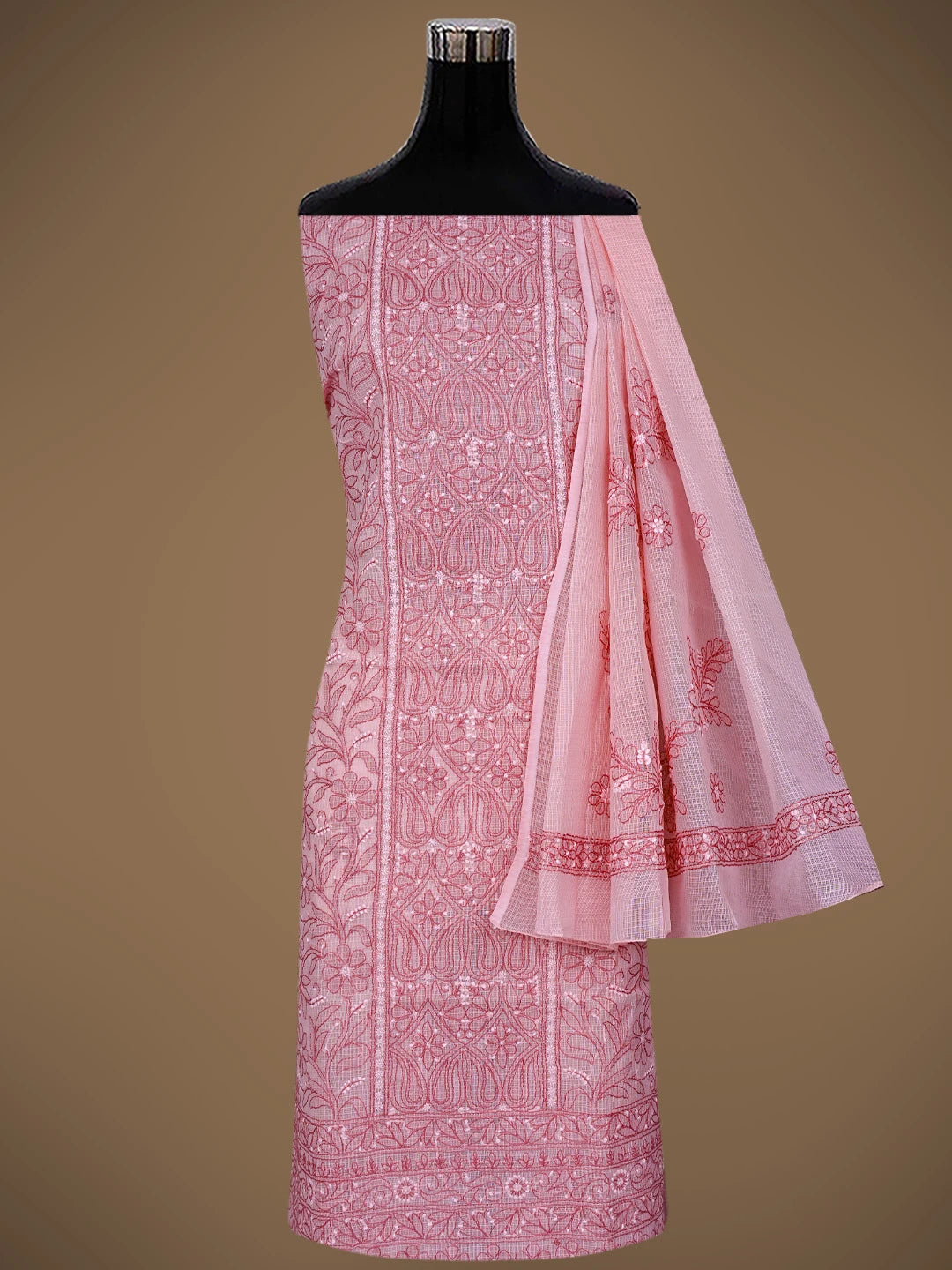 Ada Hand Embroidered Salmon Pink Kota Lucknowi Chikankari Unstitched Kurta Dupatta Set 01A831692