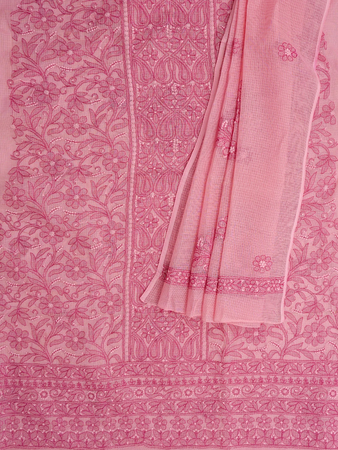 Ada Hand Embroidered Salmon Pink Kota Lucknowi Chikankari Unstitched Kurta Dupatta Set 01A831692
