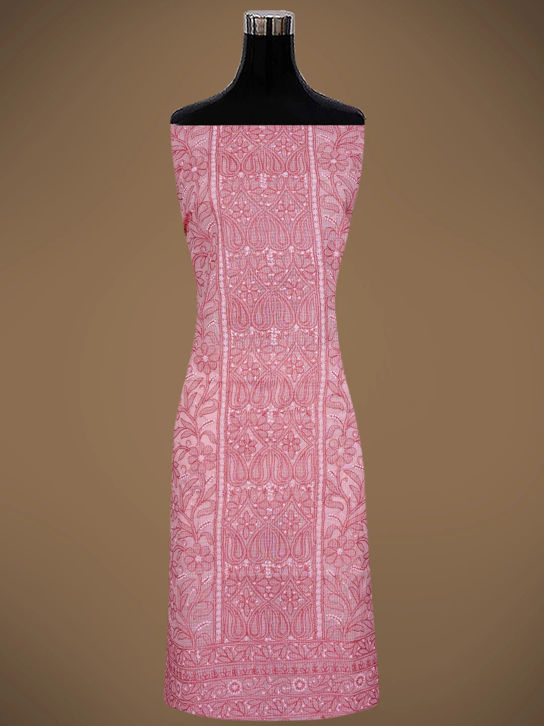 Ada Hand Embroidered Salmon Pink Kota Lucknowi Chikankari Unstitched Kurta Dupatta Set 01A831692