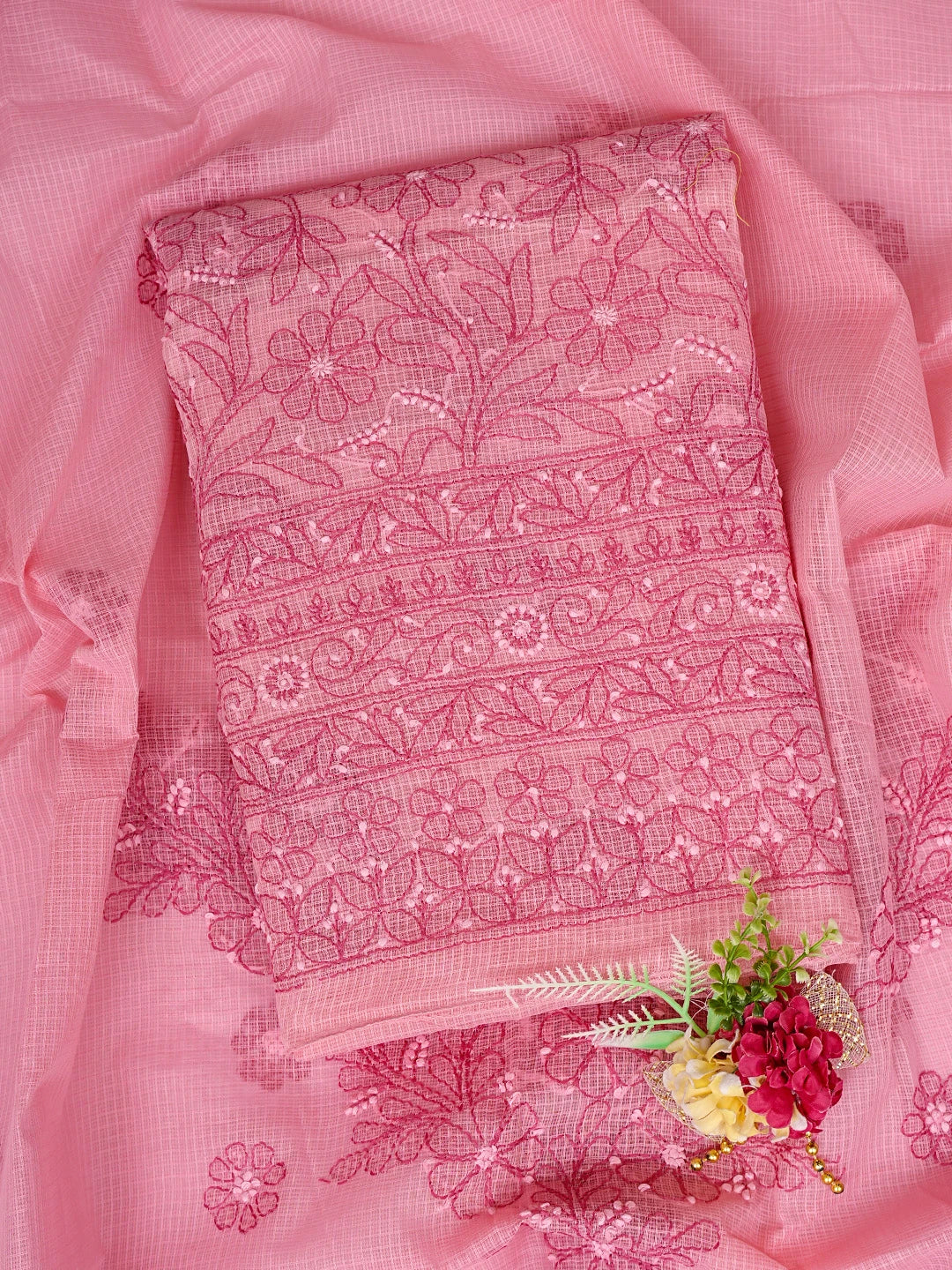 Ada Hand Embroidered Salmon Pink Kota Lucknowi Chikankari Unstitched Kurta Dupatta Set 01A831692