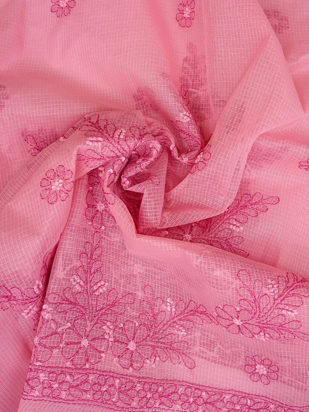 Ada Hand Embroidered Salmon Pink Kota Lucknowi Chikankari Unstitched Kurta Dupatta Set 01A831692