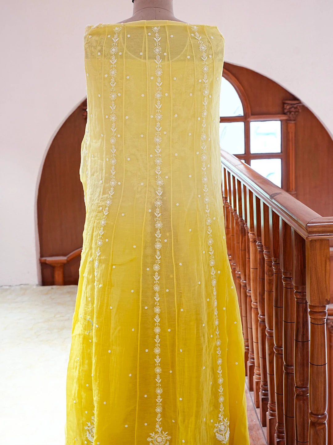 Ada Hand Embroidered  Ombre Shade Of  Icterine Yellow And Lemon Chanderi Lucknowi Chikankari Semi-Stitched Anarkali Kurta Dupatta Set with Pearl Work 01A814976