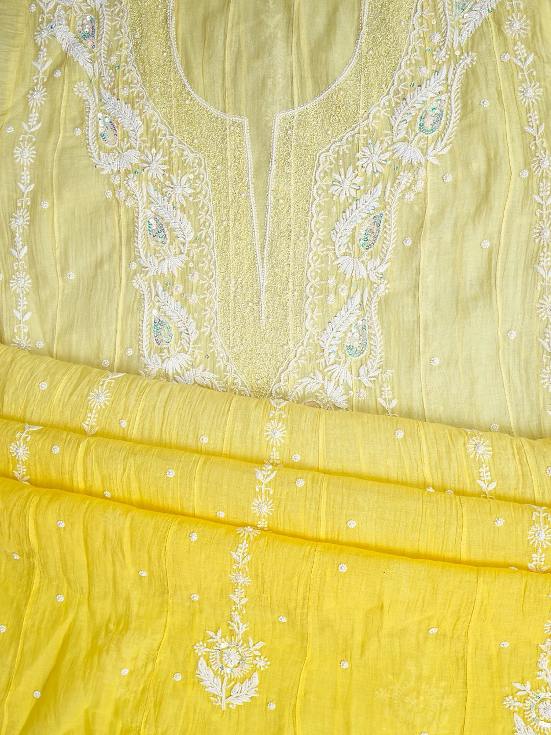 Ada Hand Embroidered  Ombre Shade Of  Icterine Yellow And Lemon Chanderi Lucknowi Chikankari Semi-Stitched Anarkali Kurta Dupatta Set with Pearl Work 01A814976