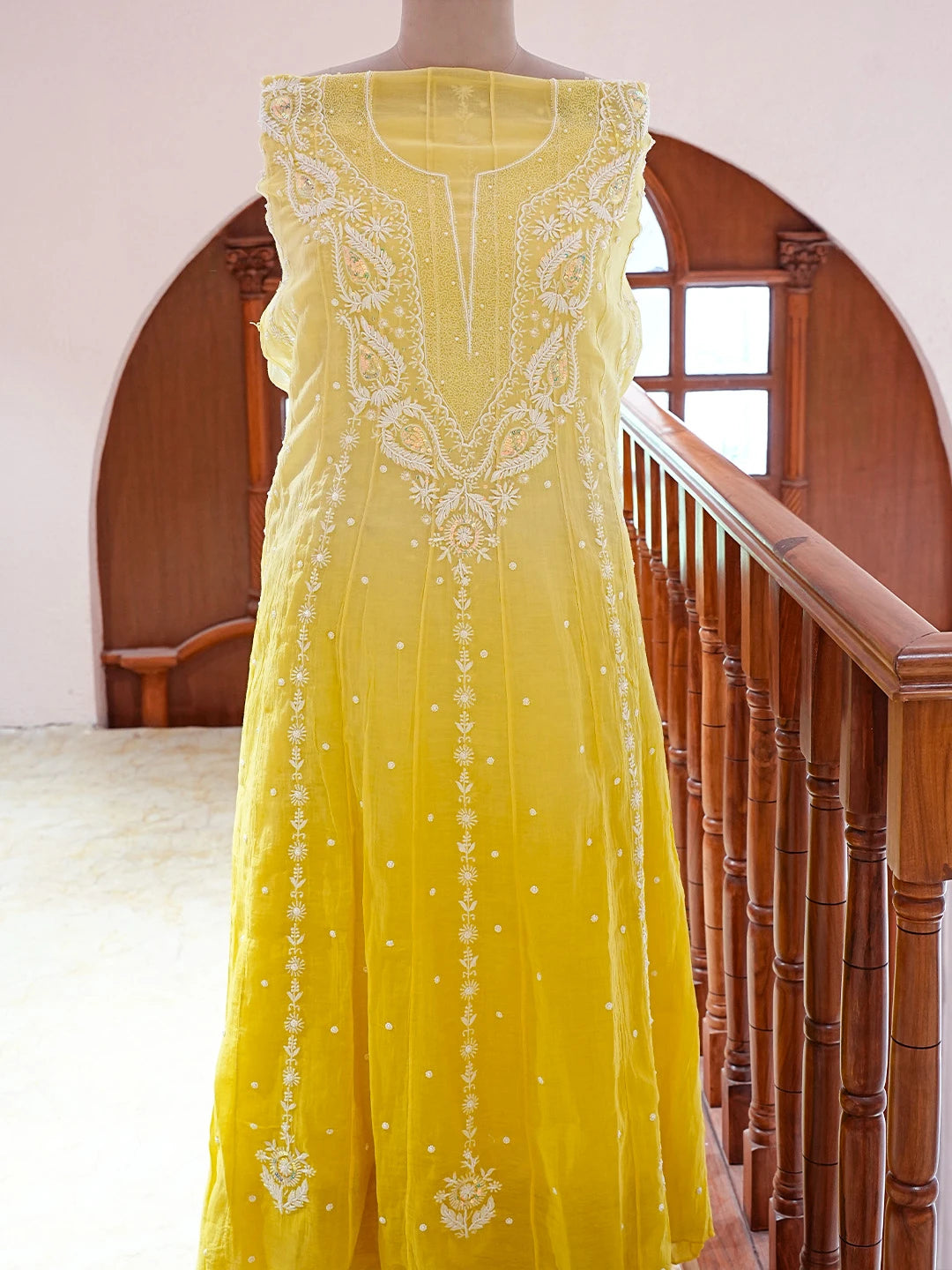 Ada Hand Embroidered  Ombre Shade Of  Icterine Yellow And Lemon Chanderi Lucknowi Chikankari Semi-Stitched Anarkali Kurta Dupatta Set with Pearl Work 01A814976