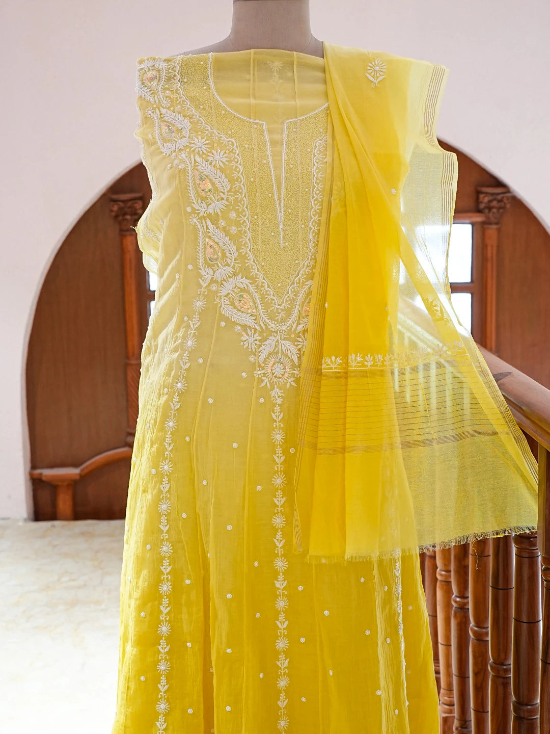 Ada Hand Embroidered  Ombre Shade Of  Icterine Yellow And Lemon Chanderi Lucknowi Chikankari Semi-Stitched Anarkali Kurta Dupatta Set with Pearl Work 01A814976