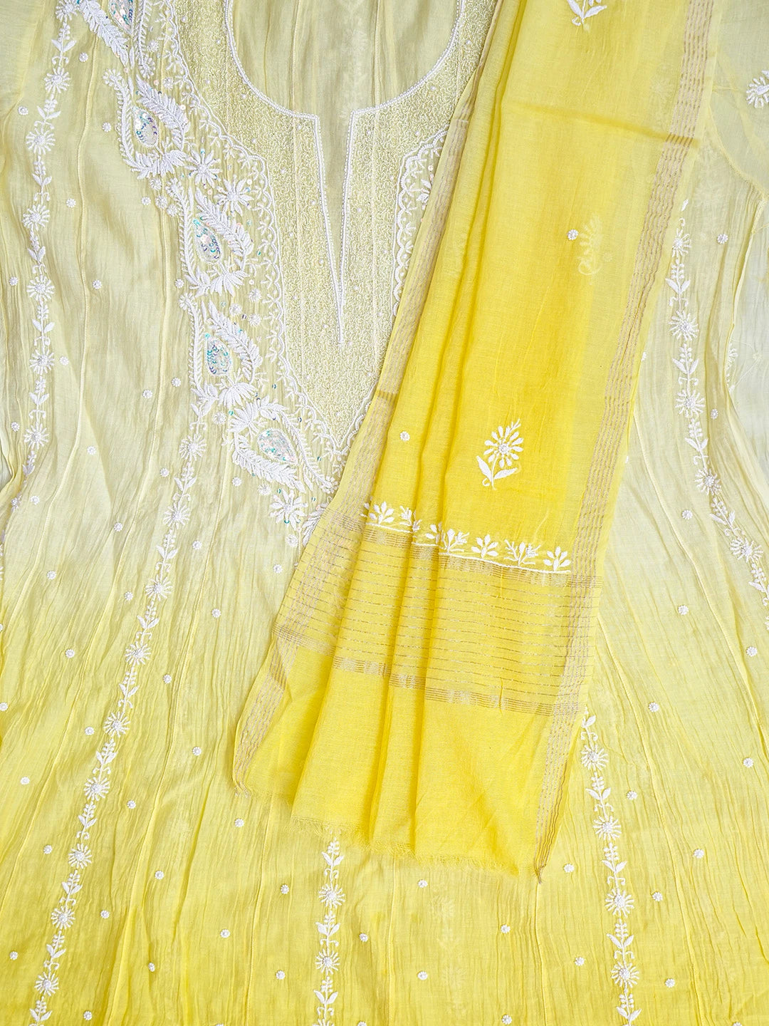 Ada Hand Embroidered  Ombre Shade Of  Icterine Yellow And Lemon Chanderi Lucknowi Chikankari Semi-Stitched Anarkali Kurta Dupatta Set with Pearl Work 01A814976