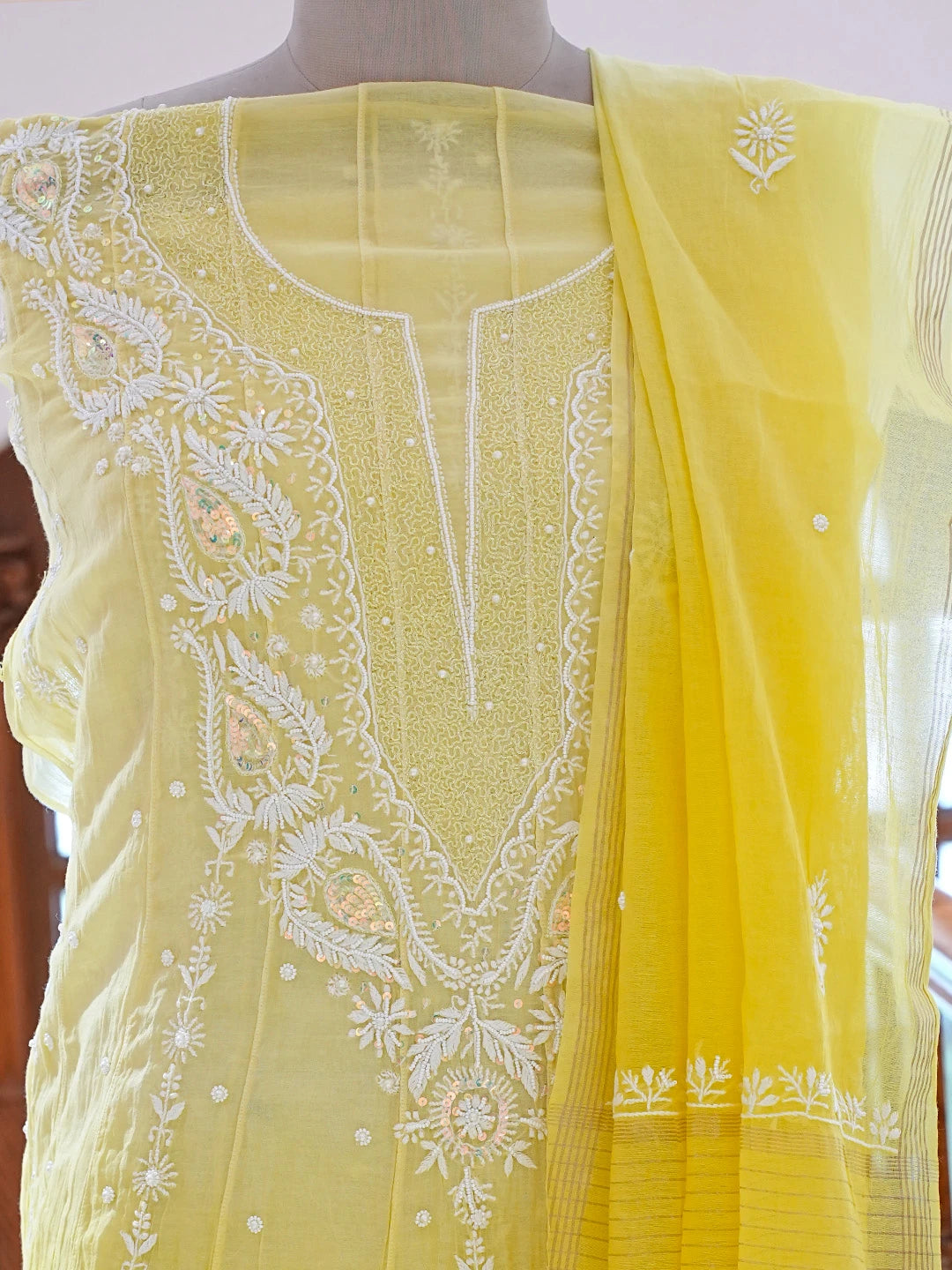 Ada Hand Embroidered  Ombre Shade Of  Icterine Yellow And Lemon Chanderi Lucknowi Chikankari Semi-Stitched Anarkali Kurta Dupatta Set with Pearl Work 01A814976