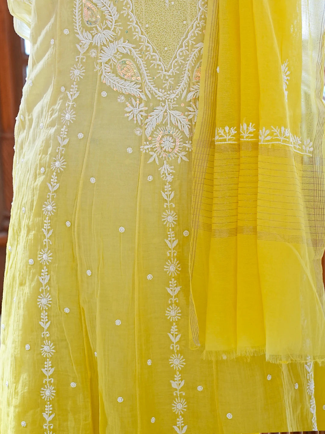 Ada Hand Embroidered  Ombre Shade Of  Icterine Yellow And Lemon Chanderi Lucknowi Chikankari Semi-Stitched Anarkali Kurta Dupatta Set with Pearl Work 01A814976