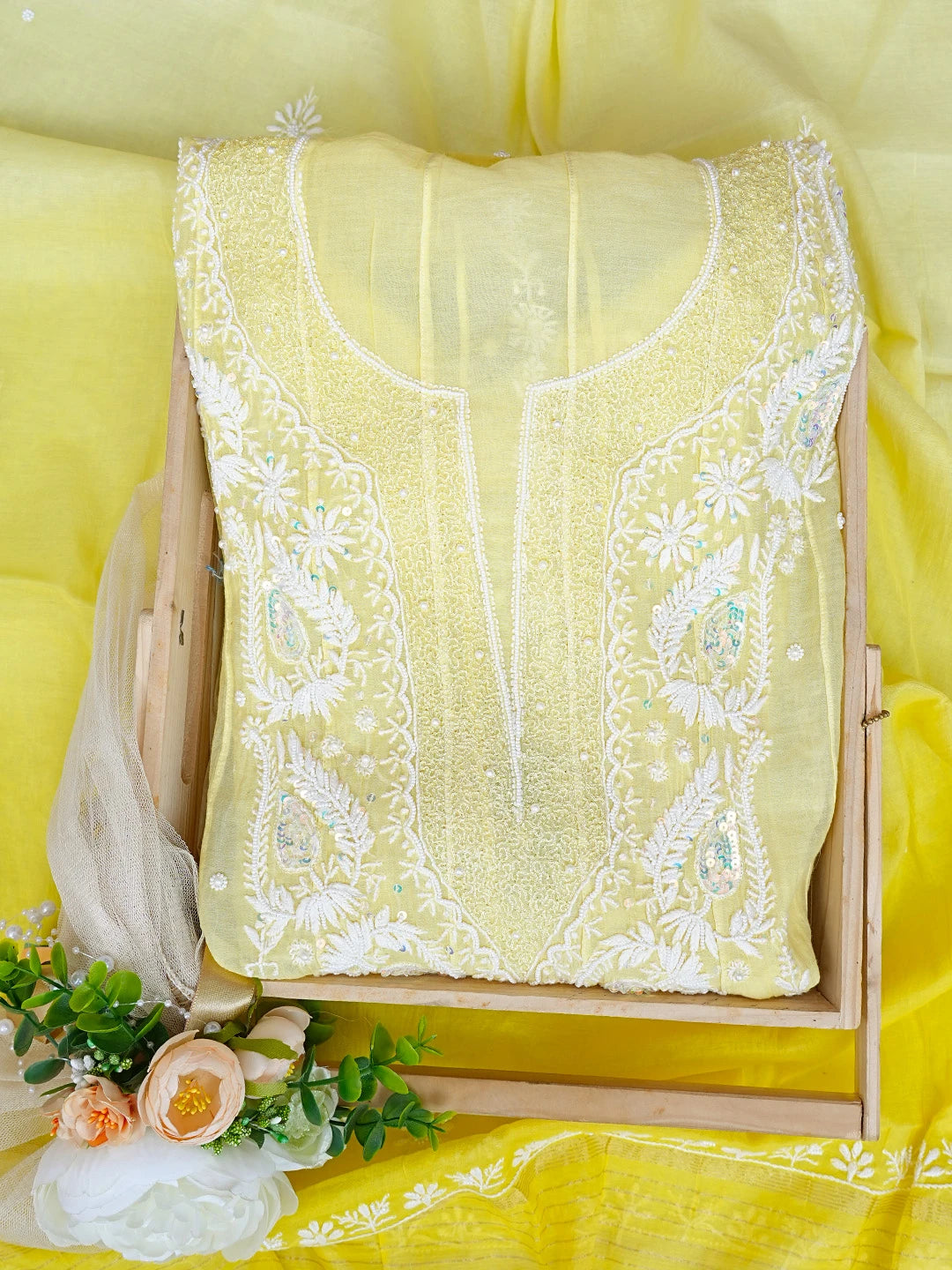 Ada Hand Embroidered  Ombre Shade Of  Icterine Yellow And Lemon Chanderi Lucknowi Chikankari Semi-Stitched Anarkali Kurta Dupatta Set with Pearl Work 01A814976