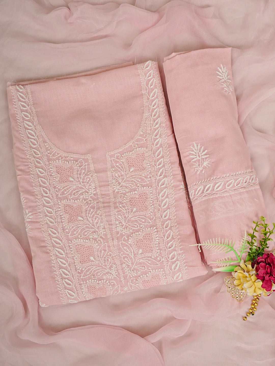 Ada Hand Embroidered Pink Cotton Lucknowi Chikankari Unstitched Suit Piece 01A773689