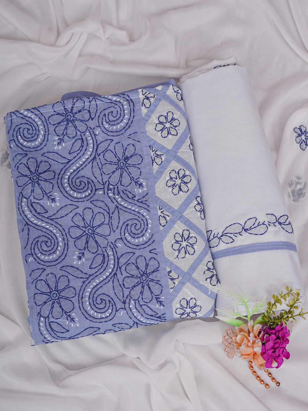 Ada Hand Embroidered White and Mauve Cotton Lucknowi Chikankari Unstitched Suit Piece 01A853059