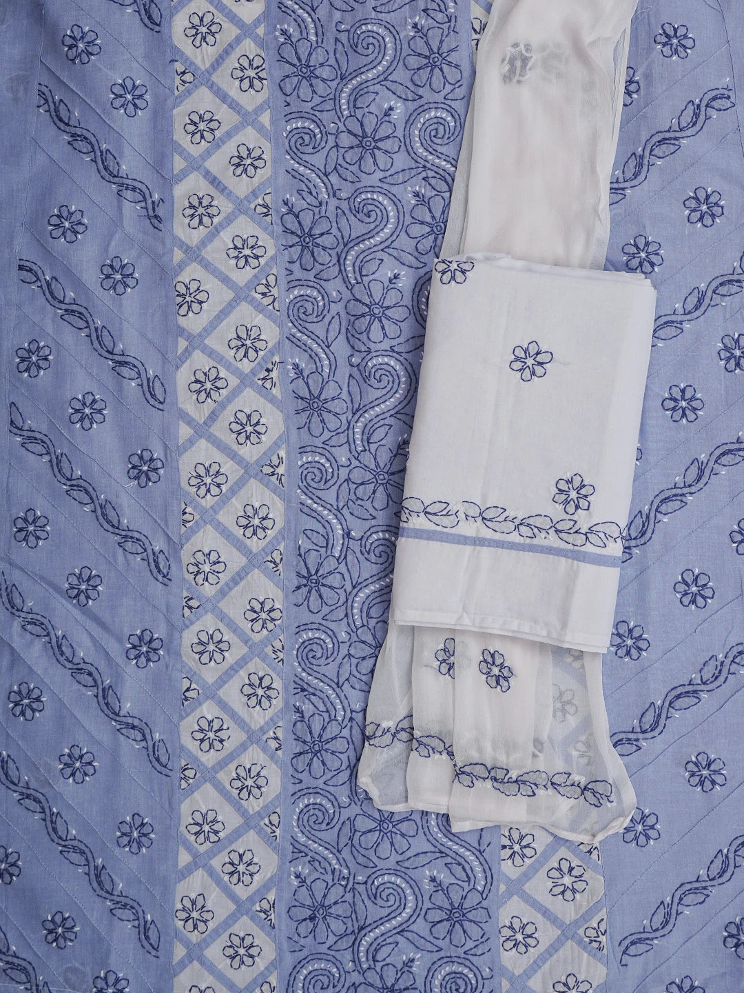 Ada Hand Embroidered White and Mauve Cotton Lucknowi Chikankari Unstitched Suit Piece 01A853059