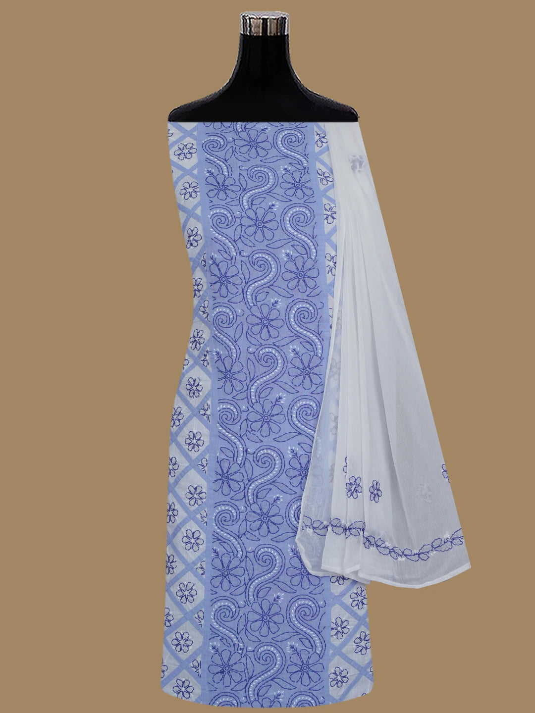 Ada Hand Embroidered White and Mauve Cotton Lucknowi Chikankari Unstitched Suit Piece 01A853059