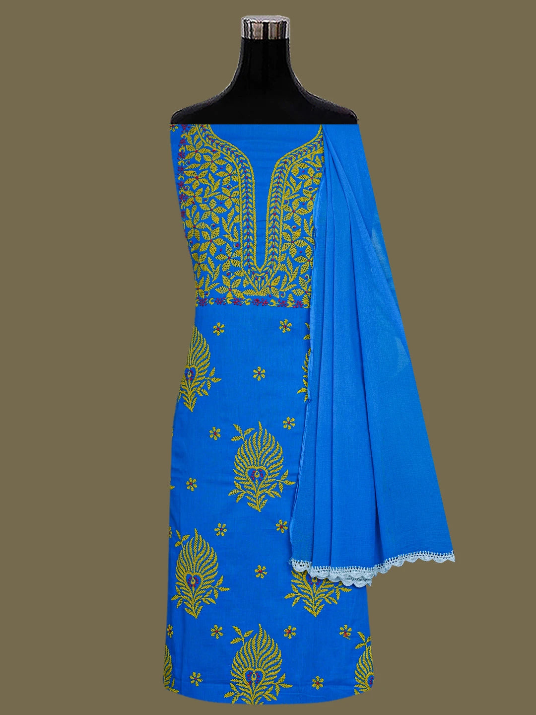 Ada Hand Embroidered Blue Cotton Lucknowi Chikankari Unstitched Suit Piece 01A118693