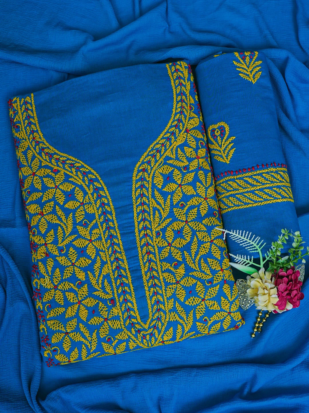 Ada Hand Embroidered Blue Cotton Lucknowi Chikankari Unstitched Suit Piece 01A118693