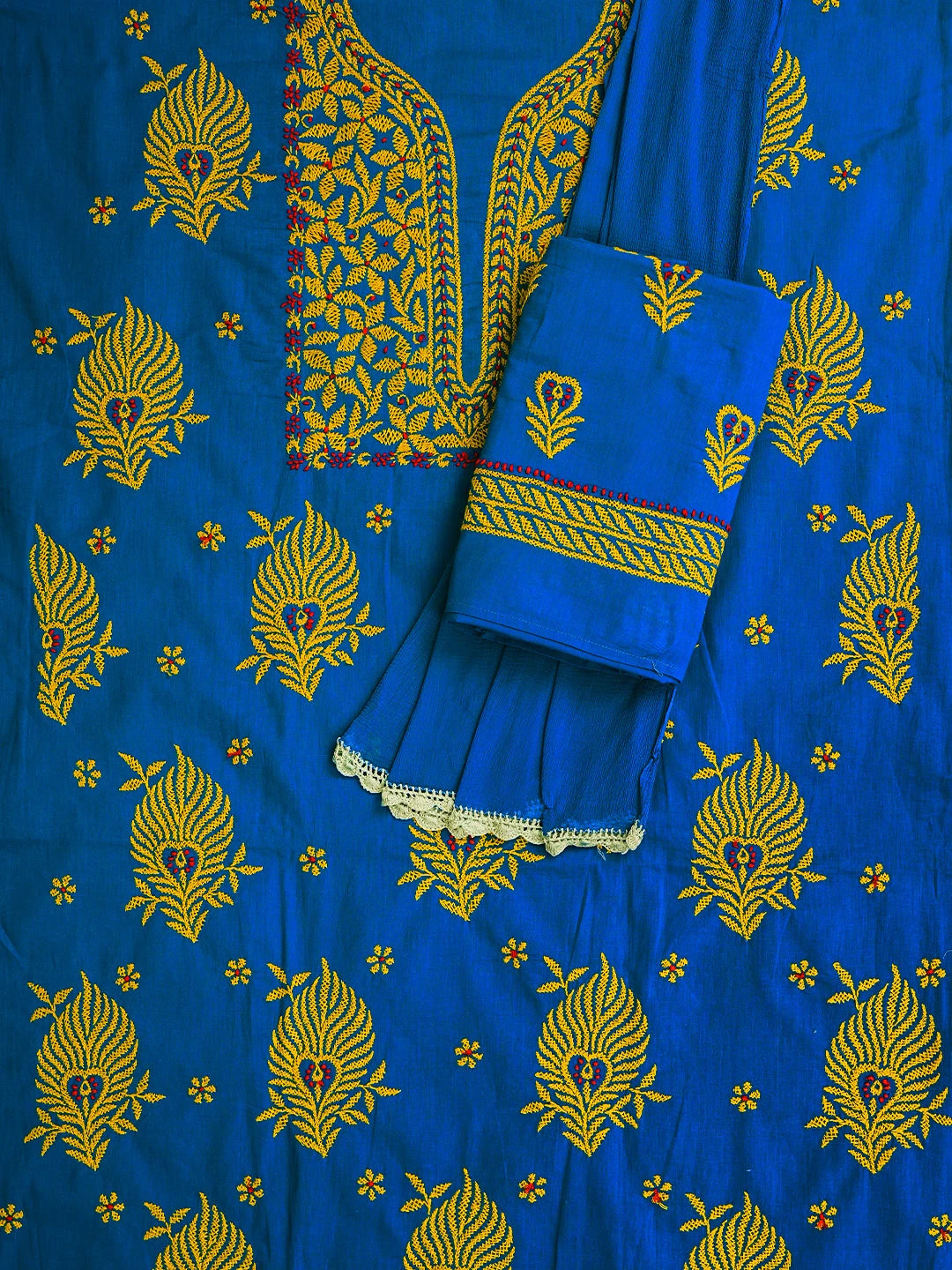 Ada Hand Embroidered Blue Cotton Lucknowi Chikankari Unstitched Suit Piece 01A118693