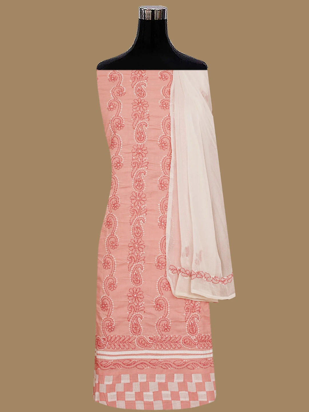 Ada Hand Embroidered White and Peach Cotton Lucknowi Chikankari Unstitched Suit Piece 01A853046