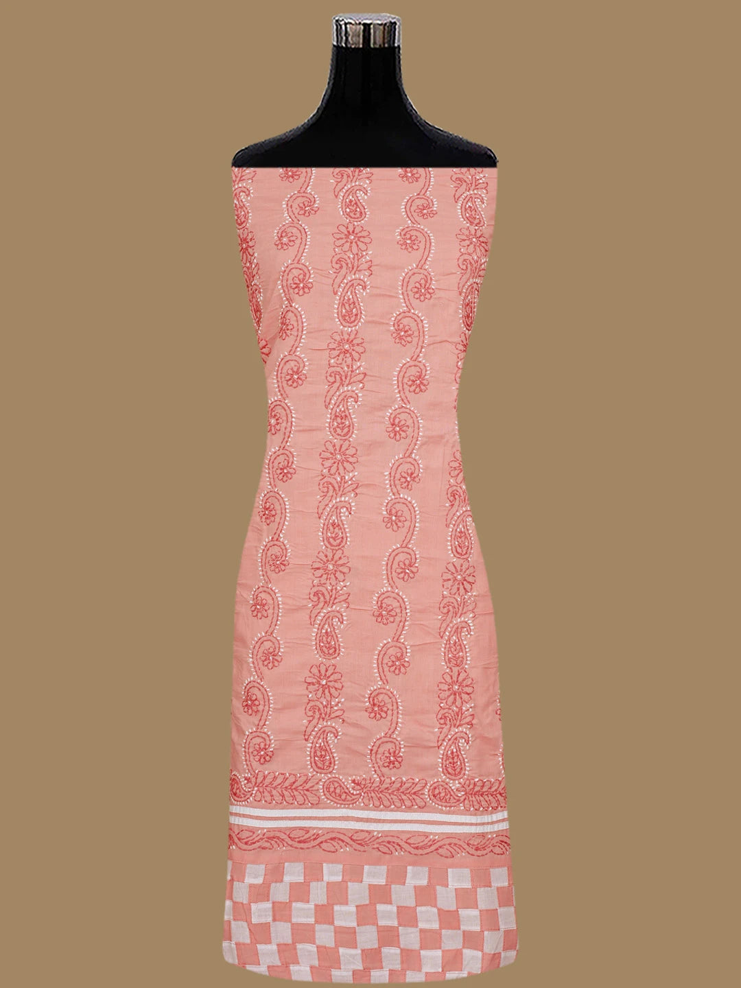 Ada Hand Embroidered White and Peach Cotton Lucknowi Chikankari Unstitched Suit Piece 01A853046