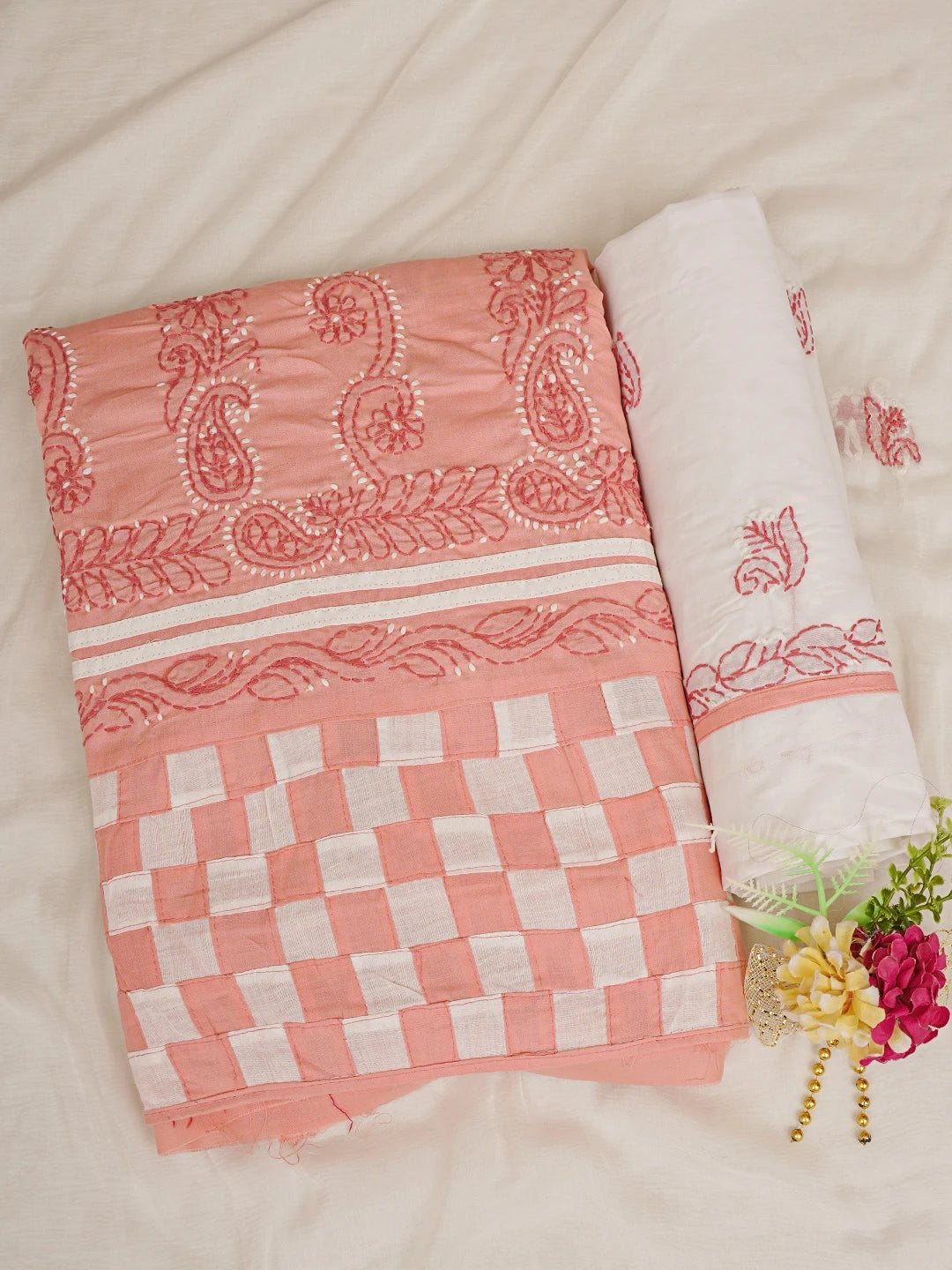 Ada Hand Embroidered White and Peach Cotton Lucknowi Chikankari Unstitched Suit Piece 01A853046