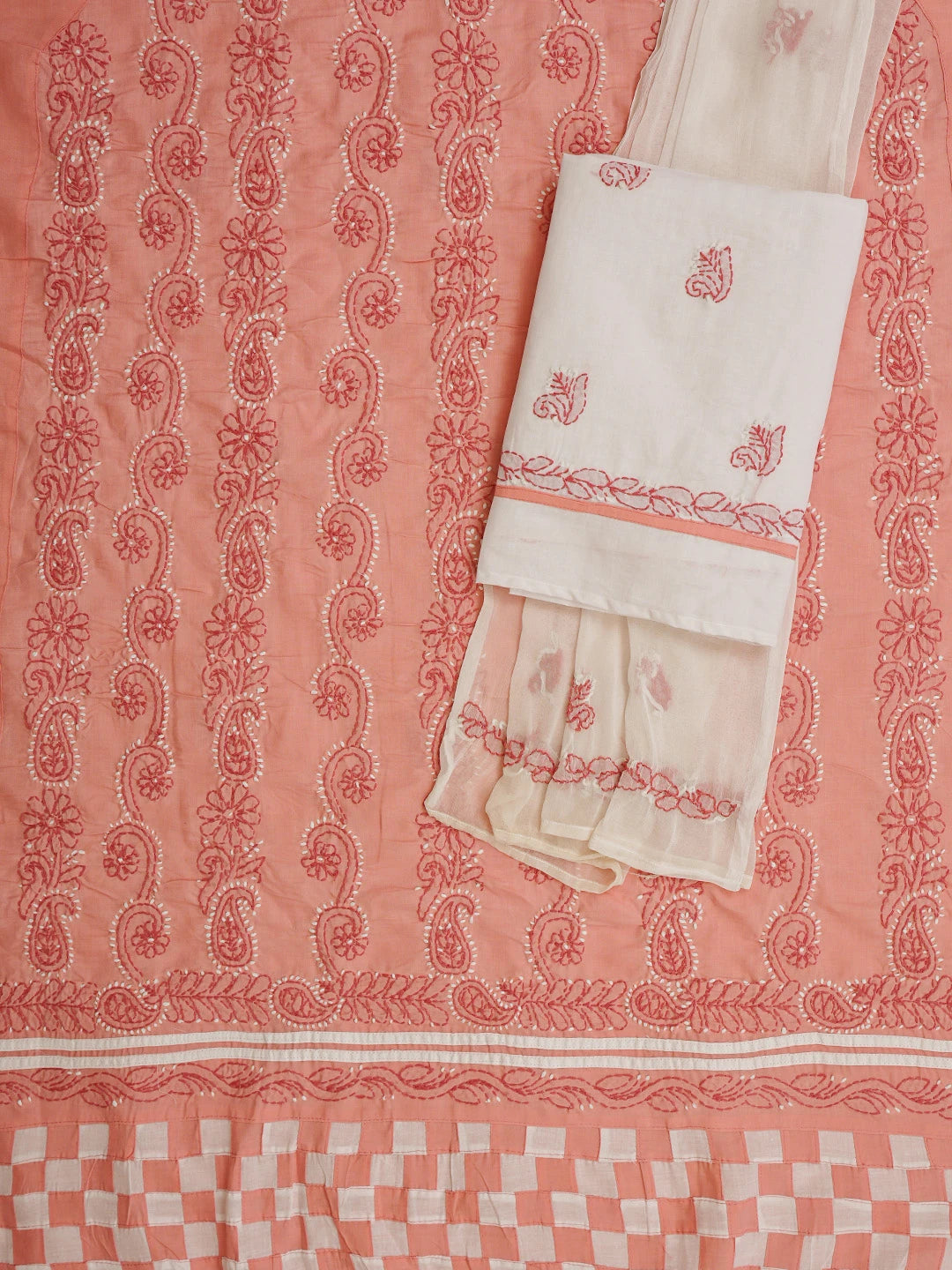 Ada Hand Embroidered White and Peach Cotton Lucknowi Chikankari Unstitched Suit Piece 01A853046