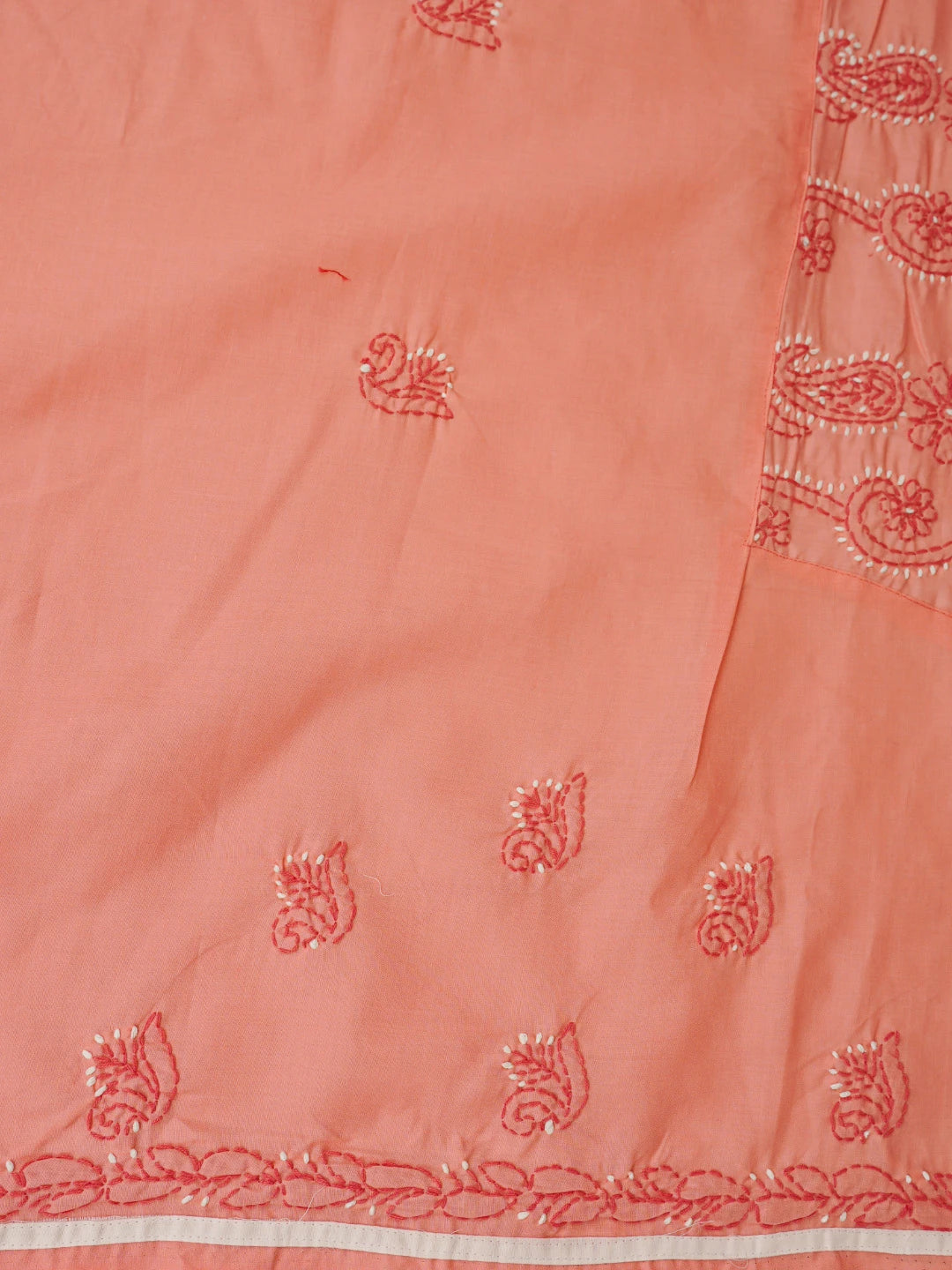 Ada Hand Embroidered White and Peach Cotton Lucknowi Chikankari Unstitched Suit Piece 01A853046