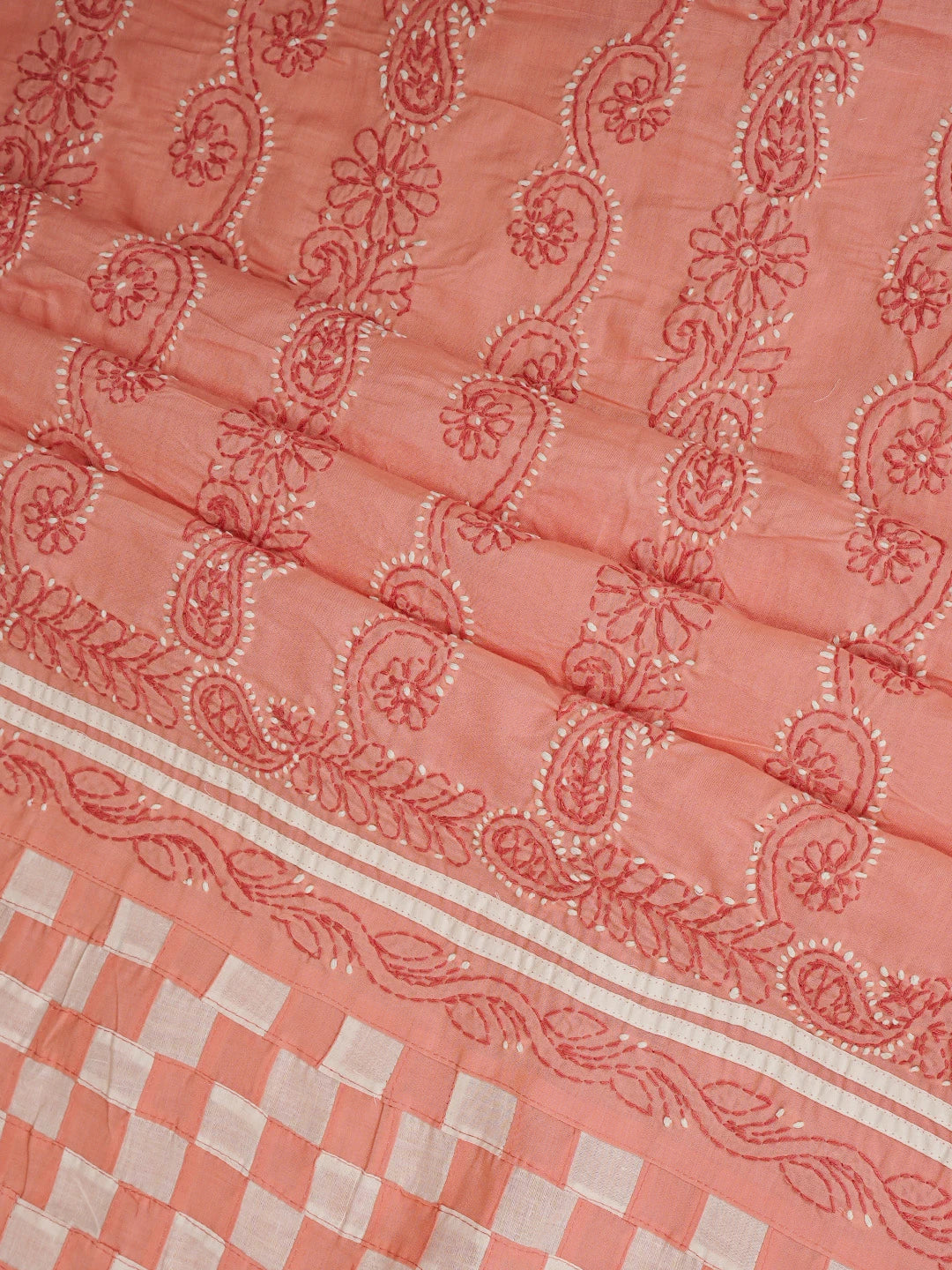 Ada Hand Embroidered White and Peach Cotton Lucknowi Chikankari Unstitched Suit Piece 01A853046