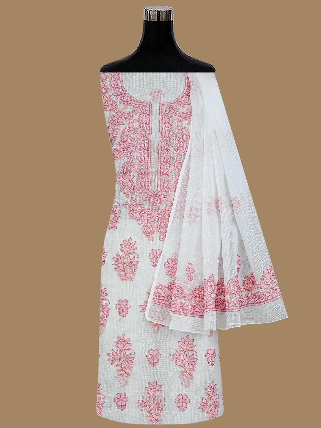 Ada Hand Embroidered White Kota Lucknowi Chikankari Unstitched Kurta Dupatta Set 01A831643