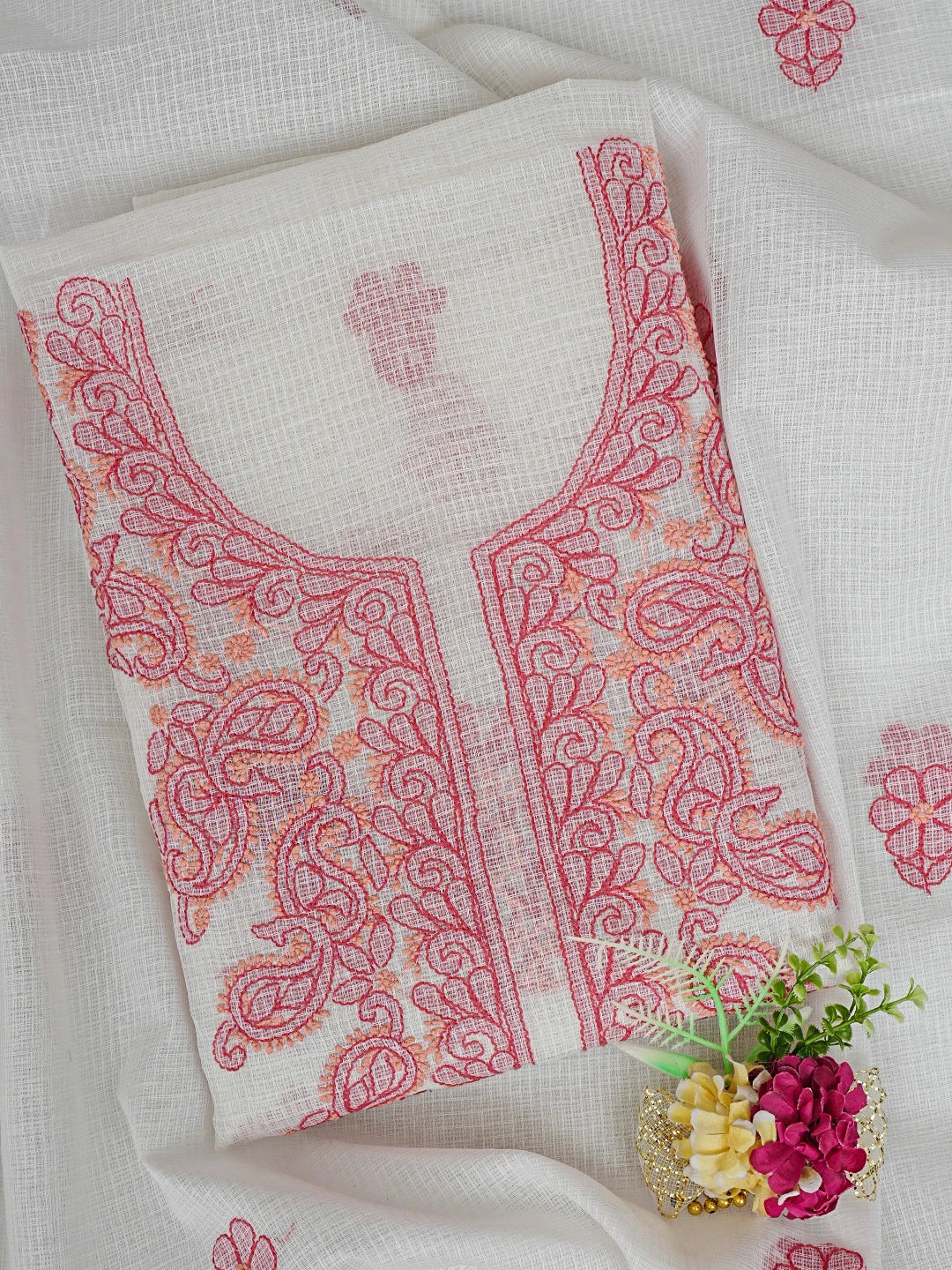 Ada Hand Embroidered White Kota Lucknowi Chikankari Unstitched Kurta Dupatta Set 01A831643
