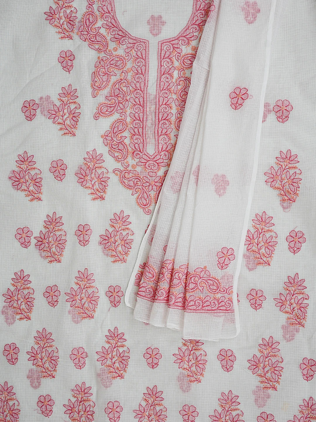 Ada Hand Embroidered White Kota Lucknowi Chikankari Unstitched Kurta Dupatta Set 01A831643