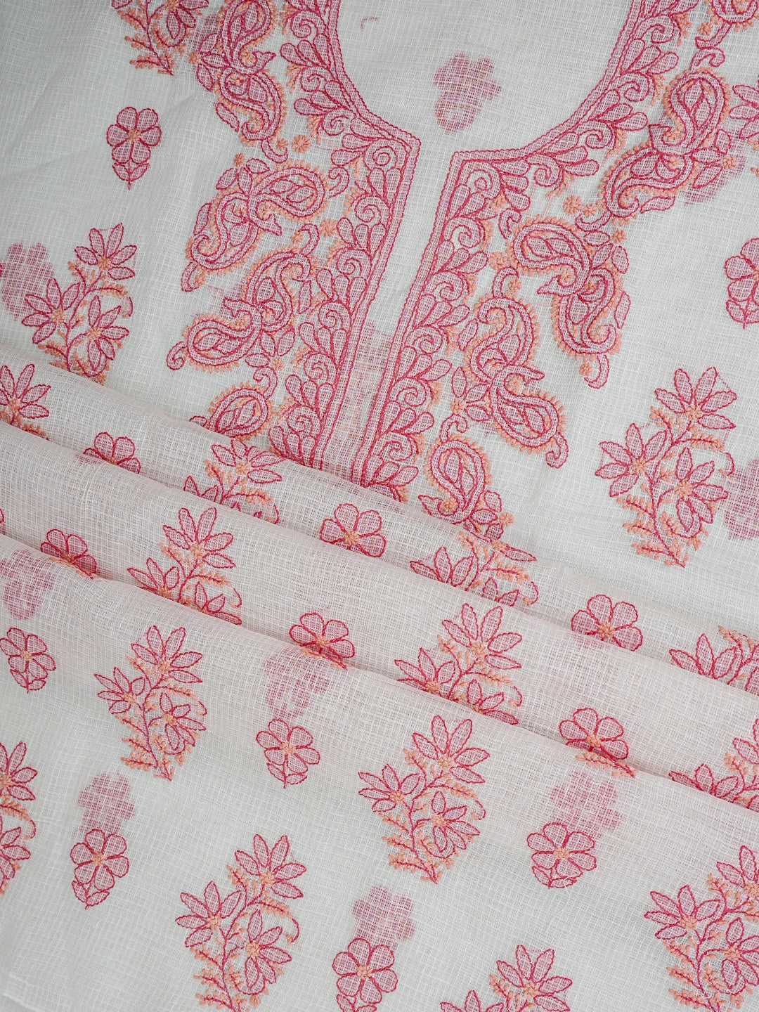 Ada Hand Embroidered White Kota Lucknowi Chikankari Unstitched Kurta Dupatta Set 01A831643