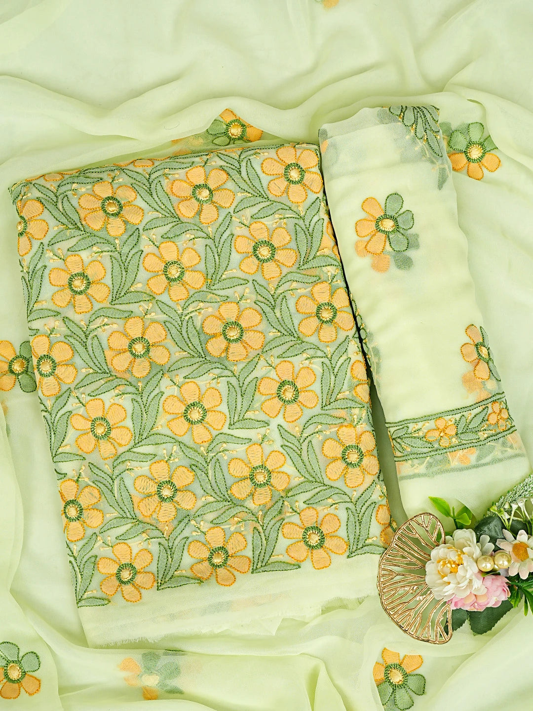 Ada Hand Embroidered Light Green Faux Georgette Lucknowi Chikankari Unstitched Suit Piece 01A779934
