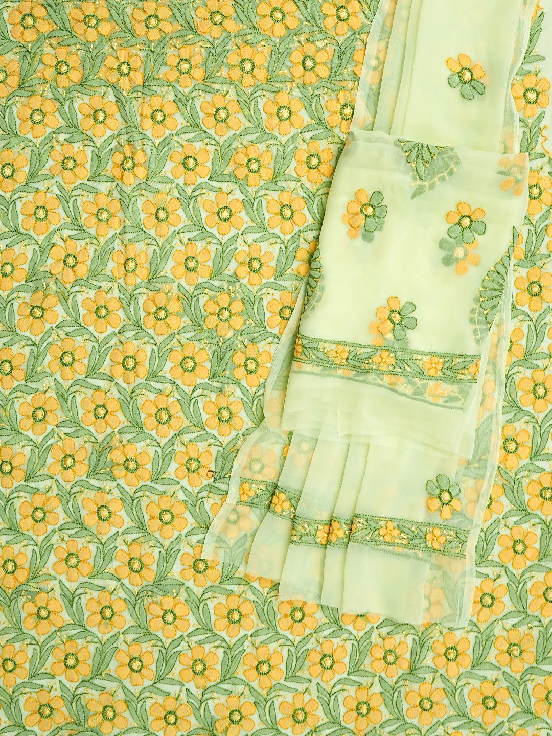 Ada Hand Embroidered Light Green Faux Georgette Lucknowi Chikankari Unstitched Suit Piece 01A779934