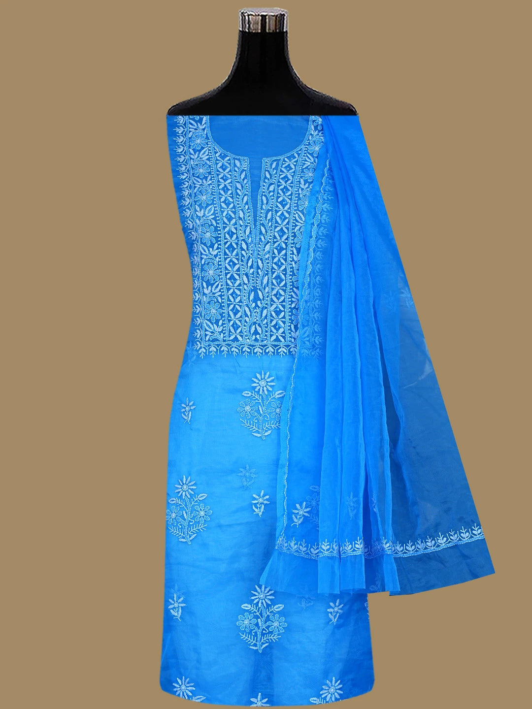 Ada Hand Embroidered Royal Blue Organza Lucknowi Chikankari Unstitched Kurta Dupatta Set 01A743463