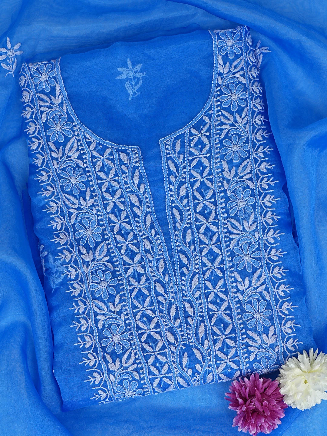 Ada Hand Embroidered Royal Blue Organza Lucknowi Chikankari Unstitched Kurta Dupatta Set 01A743463