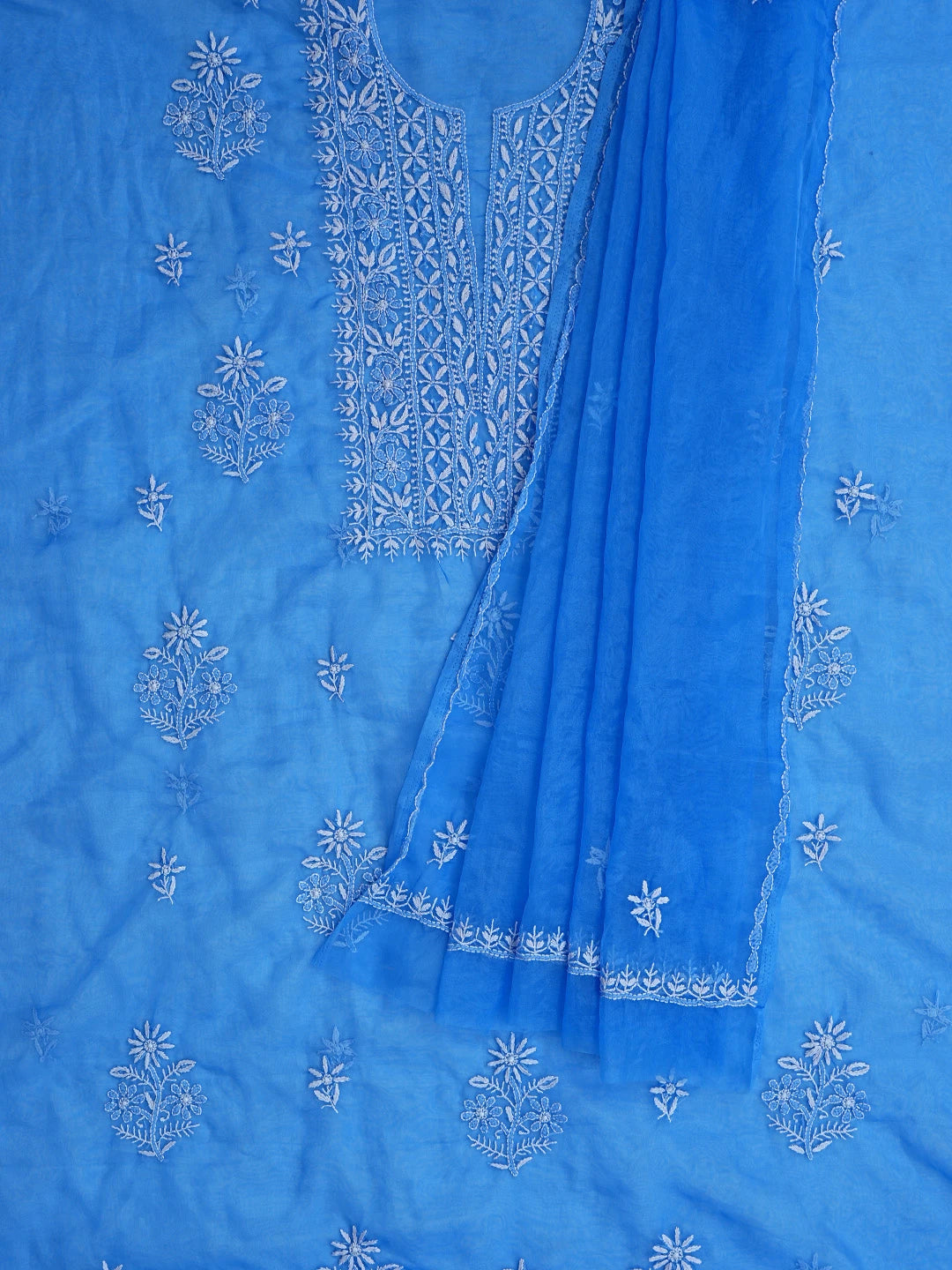 Ada Hand Embroidered Royal Blue Organza Lucknowi Chikankari Unstitched Kurta Dupatta Set 01A743463