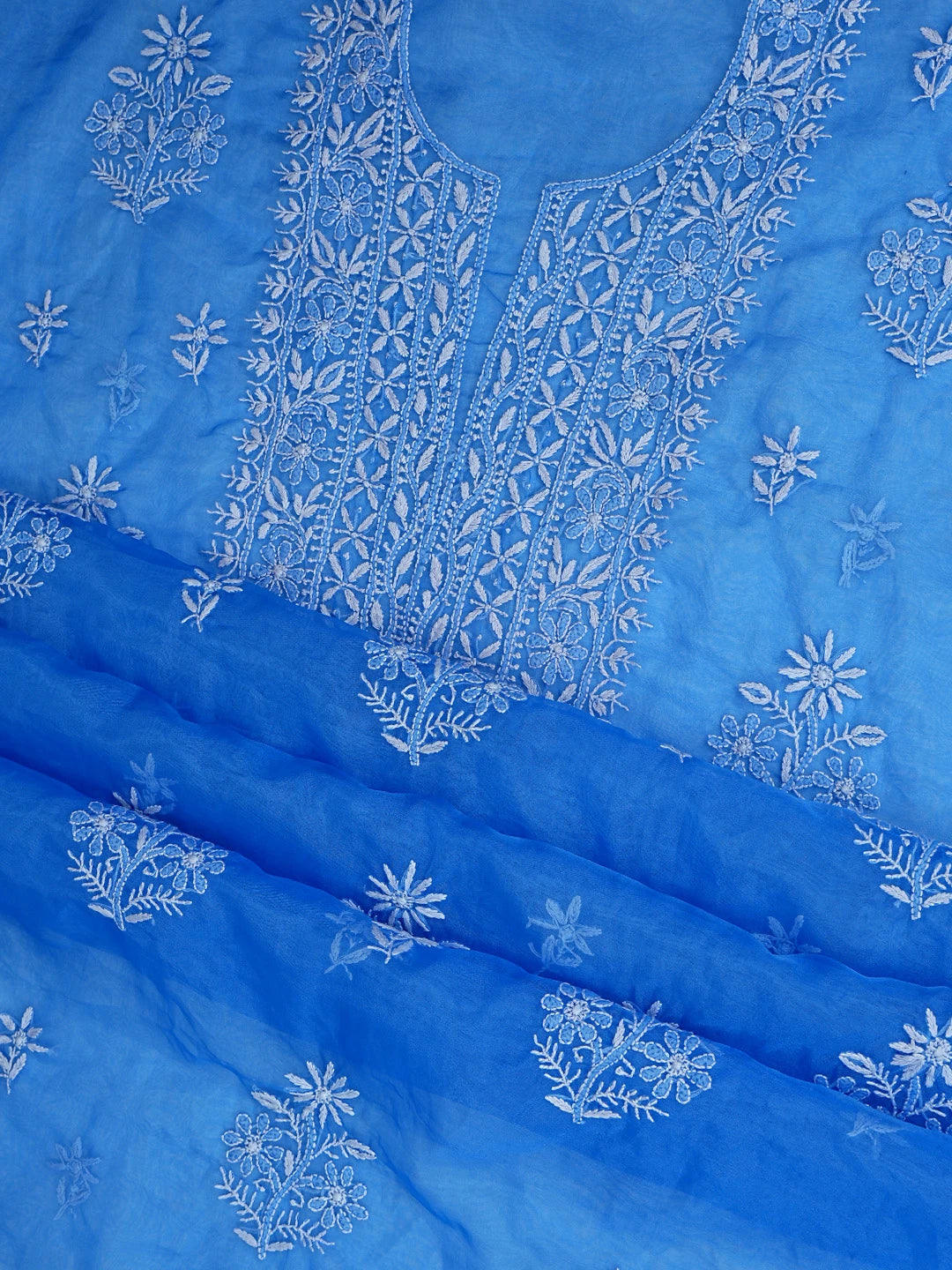 Ada Hand Embroidered Royal Blue Organza Lucknowi Chikankari Unstitched Kurta Dupatta Set 01A743463