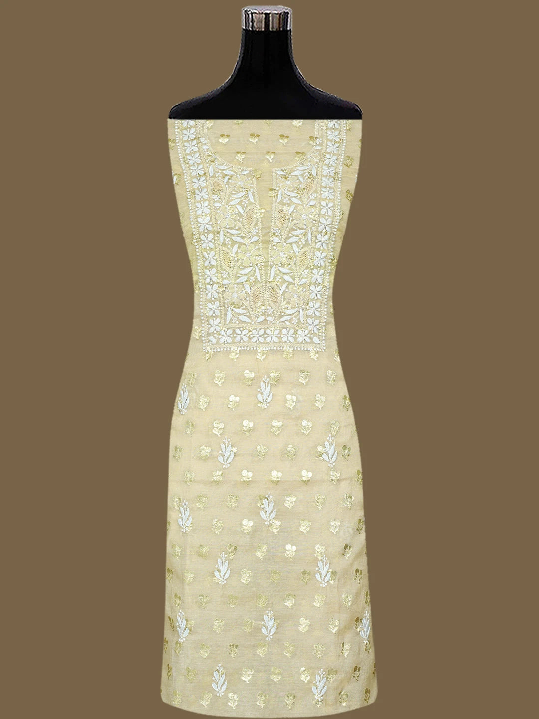 Ada Hand Embroidered Fawn Chanderi Lucknowi Chikankari Unstitched Kurta Dupatta Set 01A722397