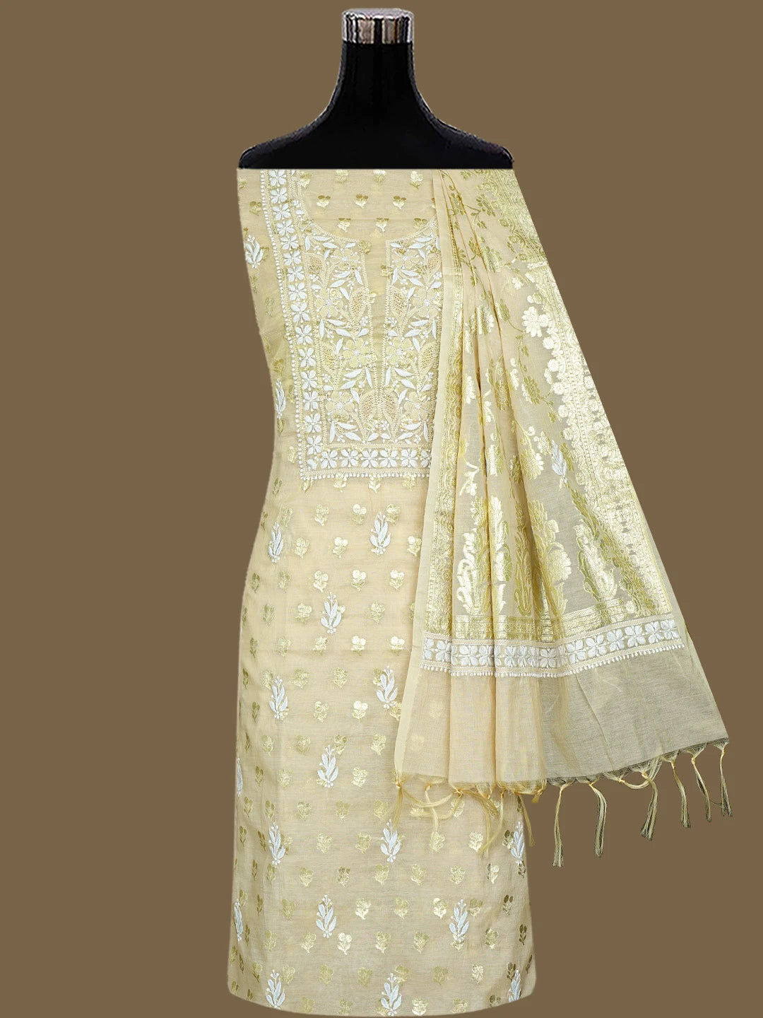 Ada Hand Embroidered Fawn Chanderi Lucknowi Chikankari Unstitched Kurta Dupatta Set 01A722397