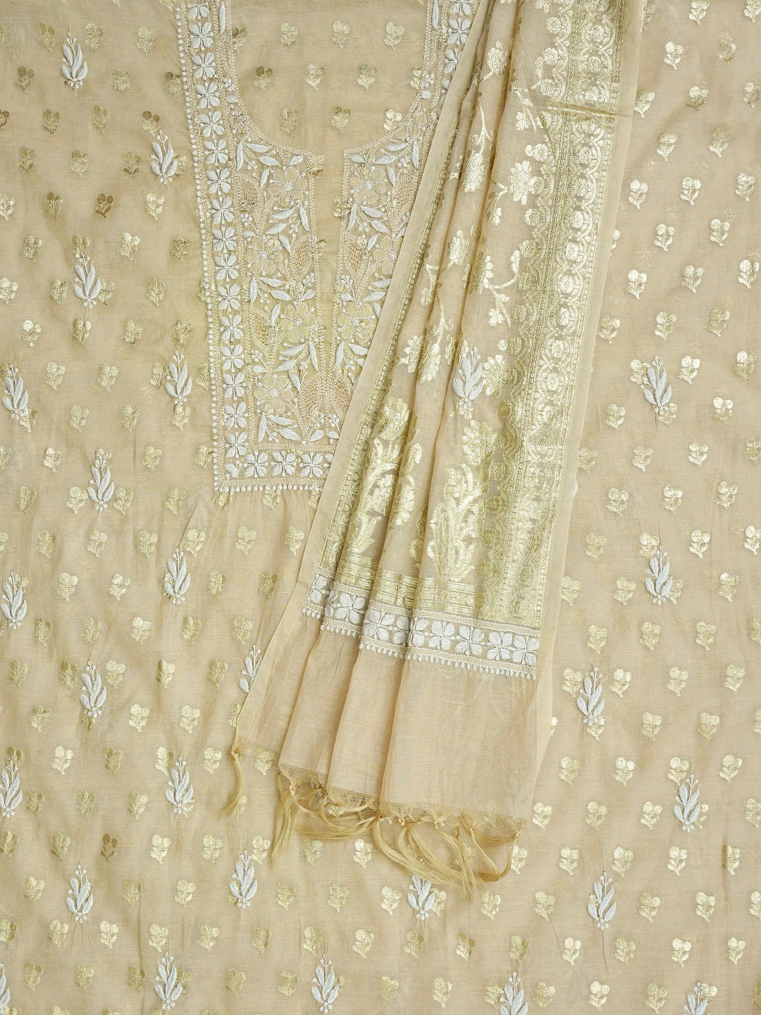 Ada Hand Embroidered Fawn Chanderi Lucknowi Chikankari Unstitched Kurta Dupatta Set 01A722397